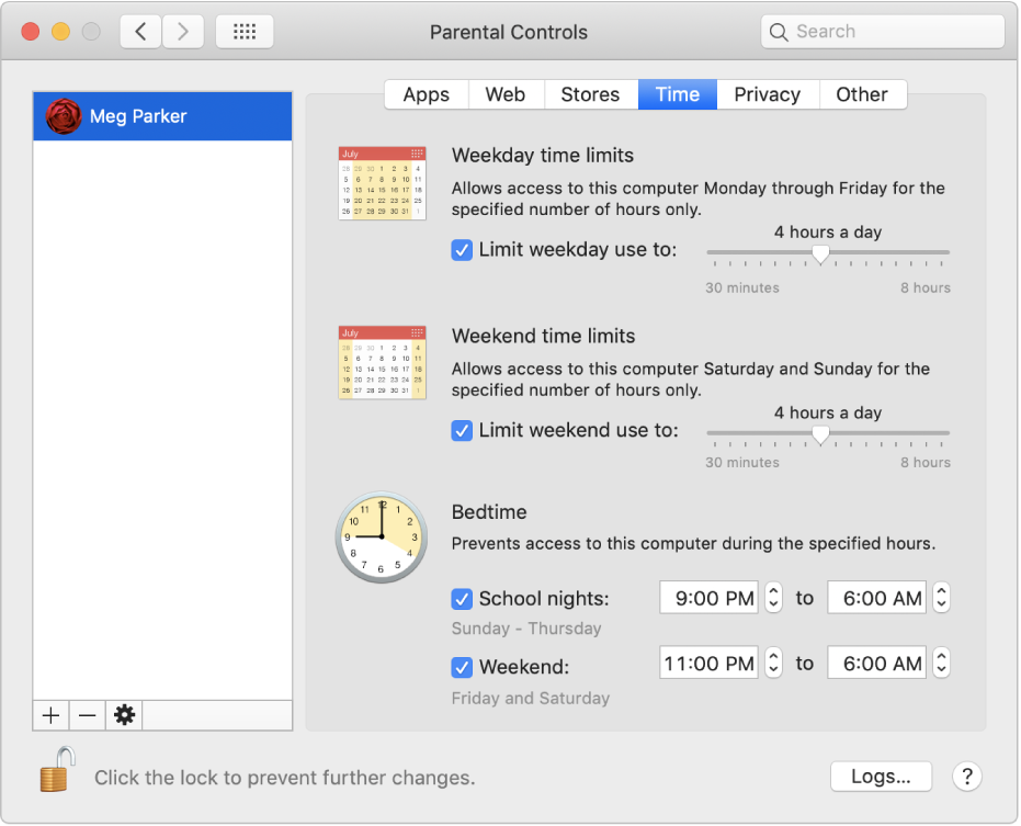 The Time pane in Parental Controls preferences showing weekday, weekend, and bedtime time limits.