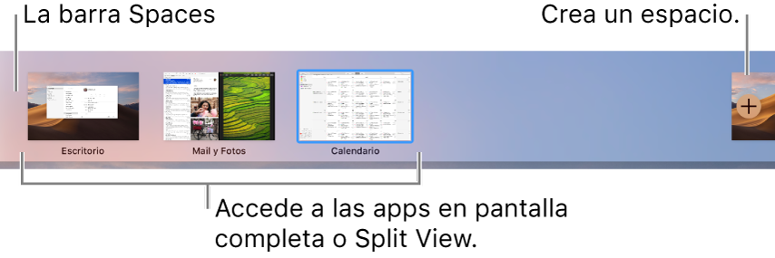 La barra Spaces mostrando un espacio de escritorio, apps en pantalla completa y en Split View, y el botón Agregar para crear un espacio.