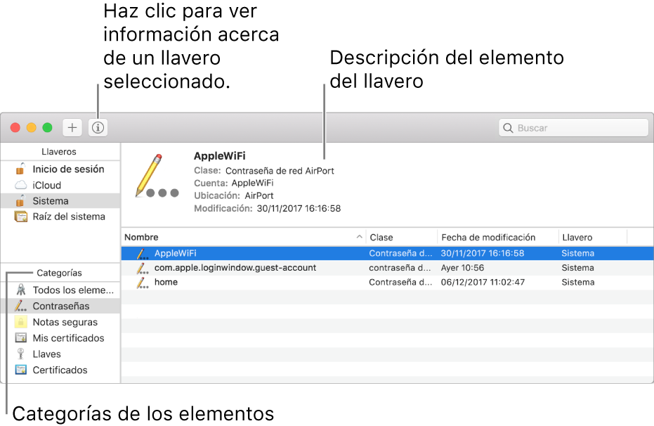 Las siguientes son las áreas principales de la ventana de Acceso a Llaveros: la lista de categorías, la lista de elementos de los llaveros, y una descripción de los elementos de los llaveros.