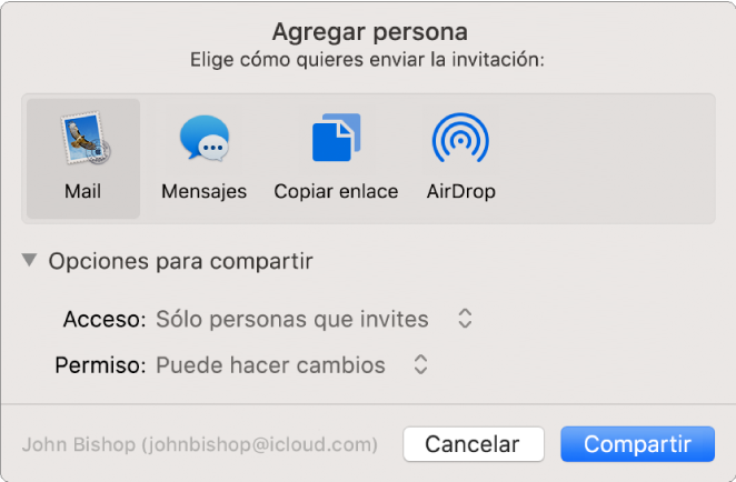 Ventana “Agregar personas” mostrando las apps que puedes usar para hacer invitaciones y las opciones para compartir documentos.