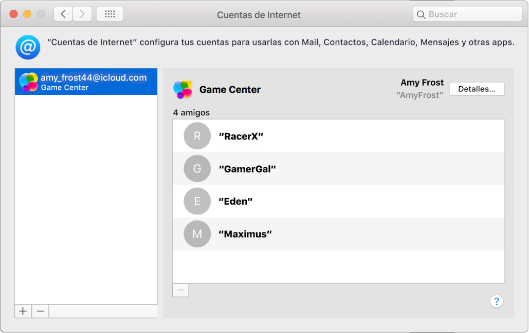 Una cuenta de Game Center en Cuentas de Internet.