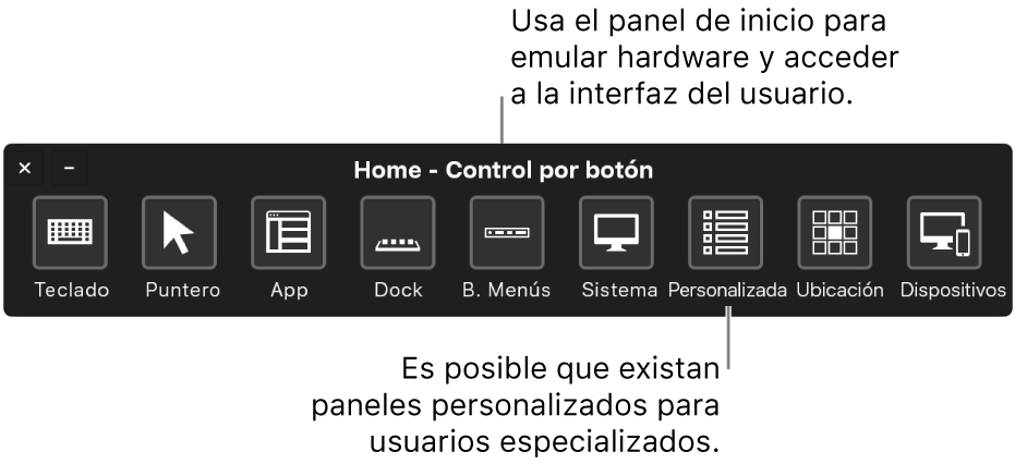 El panel Inicio de Control por botón brinda botones para controlar, de izquierda a derecha, el teclado, el puntero, apps, el Dock, la barra de menús, los controles del sistema, los paneles personalizados, la ubicación de la pantalla y otros dispositivos.