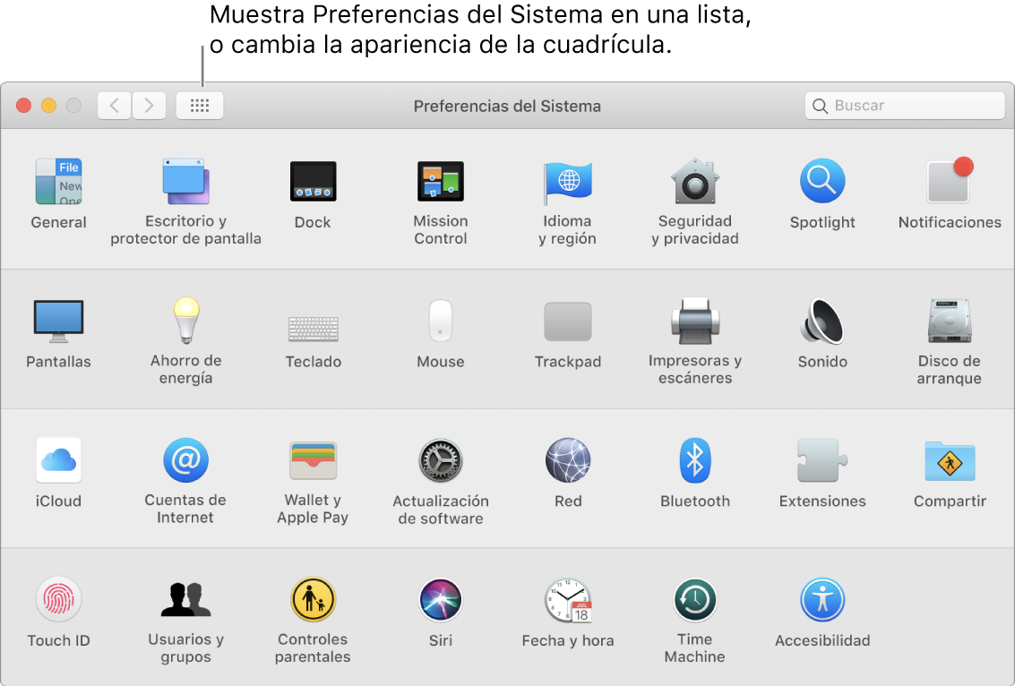Ventana de Preferencias del Sistema con la cuadrícula de íconos. Haz clic en el botón “Mostrar todo” en la barra de herramientas de la ventana para ver las preferencias del sistema como una lista, o para cambiar la apariencia de la cuadrícula.