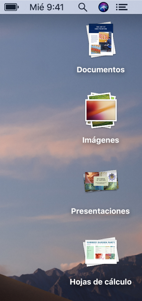 Un escritorio de Mac con cuatro pilas (para documentos, imágenes, presentaciones y hojas de cálculo), en el borde derecho de la pantalla.
