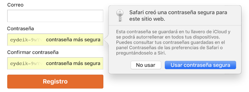 Un diálogo mostrando que Safari creó una contraseña segura para un sitio web y que se guardará en el llavero de iCloud y que estará disponible en Autorrelleno en los dispositivos del usuario.