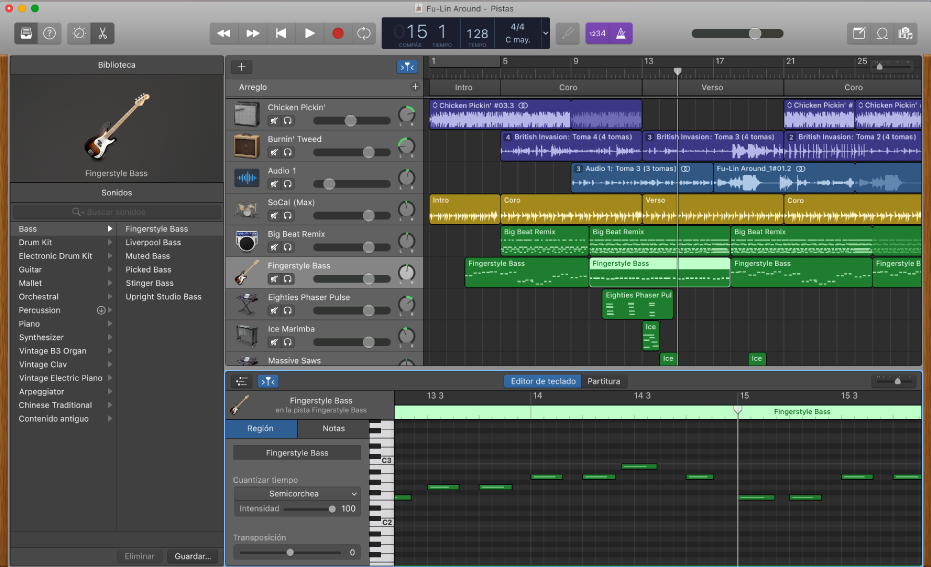 Un ejemplo de una ventana de GarageBand.