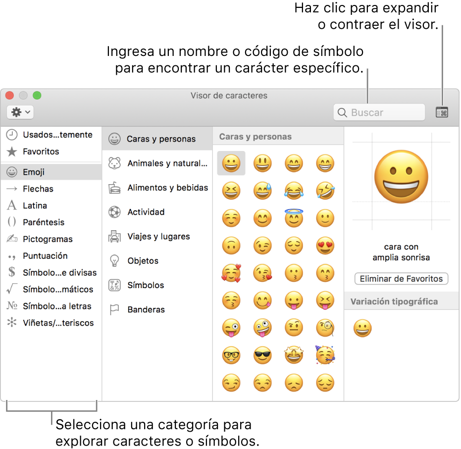La ventana de visor de caracteres. Selecciona una categoría a la izquierda para buscar caracteres o símbolos. En el campo de búsqueda, ingresa el nombre o código de un símbolo para buscar un carácter. En la esquina superior derecha, haz clic para expandir o contraer el visor.