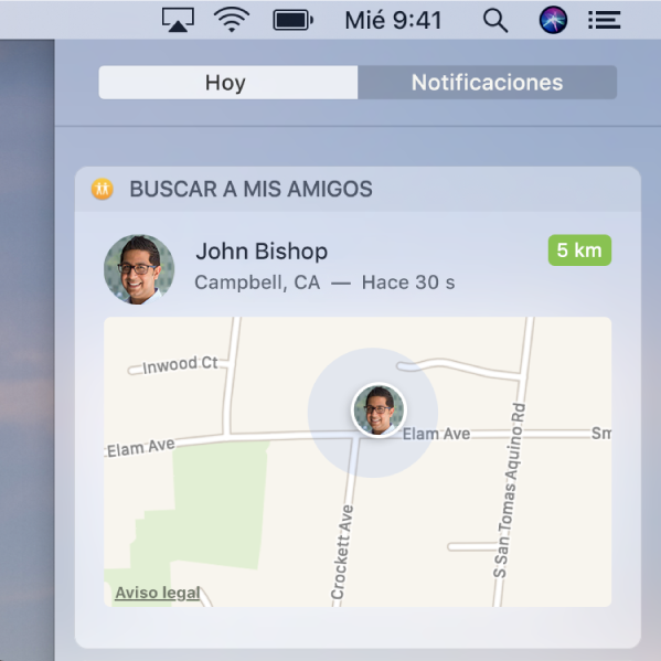 El widget “Buscar a mis amigos” en la vista Hoy del centro de notificaciones mostrando un mapa con la ubicación de un contacto.