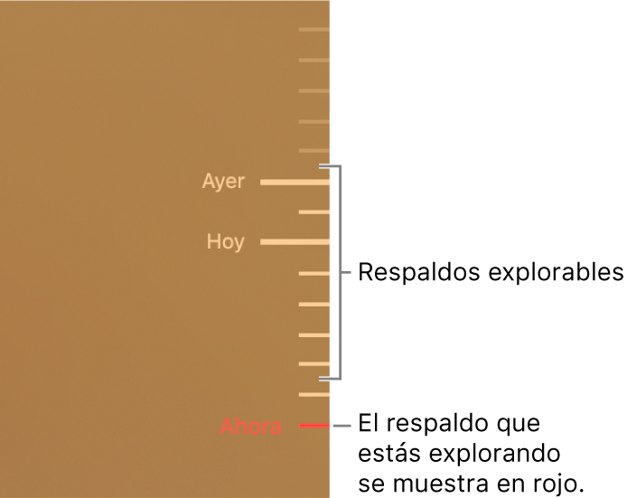 Marcas de verificación en la línea del tiempo de los respaldos. La marca rojo indica el respaldo que estás explorando.