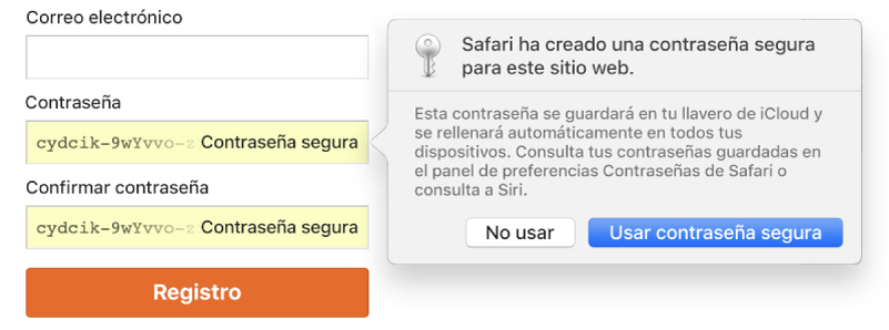 Una alerta de Safari que indica que Safari ha creado una contraseña segura para un sitio web y que la ha guardado en el llavero de iCloud.