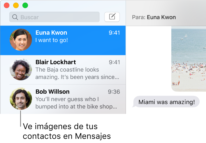 Barra lateral de la app Mensajes con imágenes de personas junto a sus nombres.