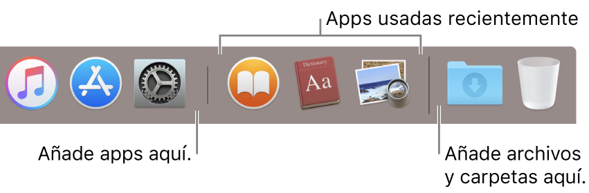 El extremo derecho del Dock. Añade apps a la izquierda de la sección de apps usadas recientemente y carpetas a la derecha de esa sección, donde están situadas la pila Descargas y la Papelera.