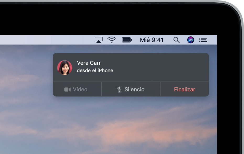 Una notificación en la esquina superior derecha de un Mac mostrando una llamada entrante en el iPhone.