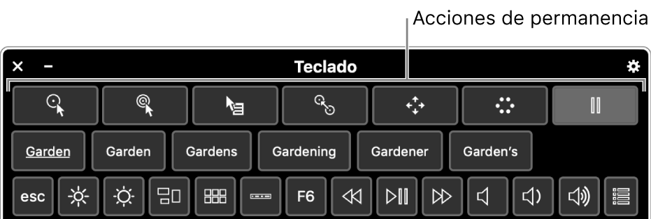 Los botones de acción de la permanencia se encuentran en la parte superior del teclado de accesibilidad.