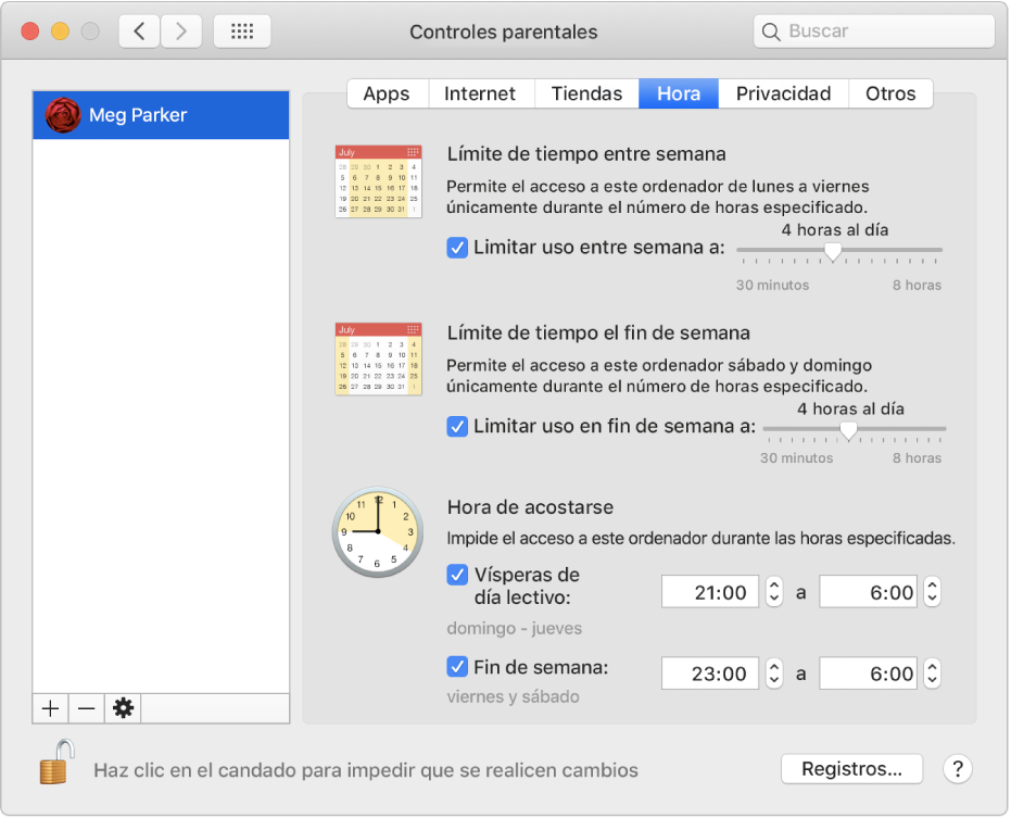 El panel Tiempo en el panel de preferencias de “Controles parentales” que muestra los límites de tiempo para los días de entre semana, los fines de semana y las horas de acostarse.