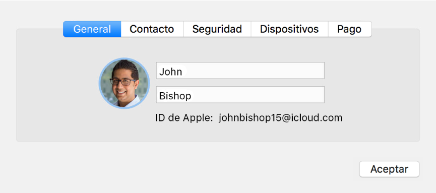 Cuadro de diálogo “Datos de la cuenta” del panel de preferencias iCloud