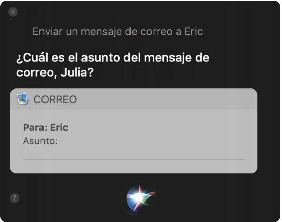 Ventana de Siri, con un mensaje de correo electrónico que se está dictando.