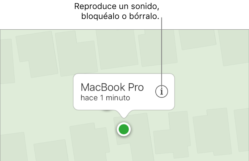 Un mapa en Buscar mi iPhone en iCloud.com con la ubicación de un Mac.
