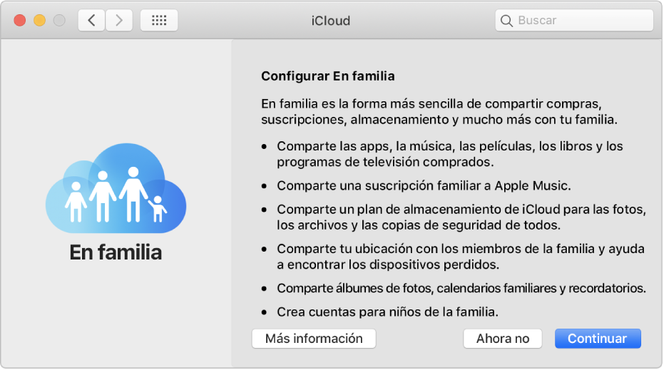 El panel de configuración de “En familia” en las preferencias de iCloud.