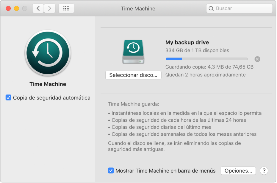 Las preferencias de Time Machine que muestran el estado del progreso de una copia de seguridad a una unidad externa.