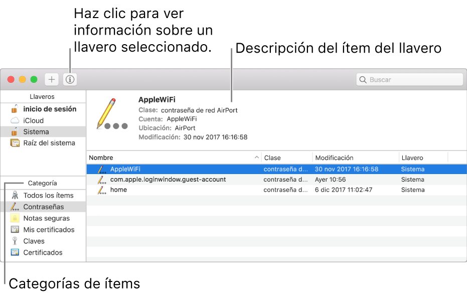 Las áreas principales de la ventana Acceso a Llaveros: la lista de categorías, la lista de ítems de ítems de llaveros y una descripción de un ítem de llavero.