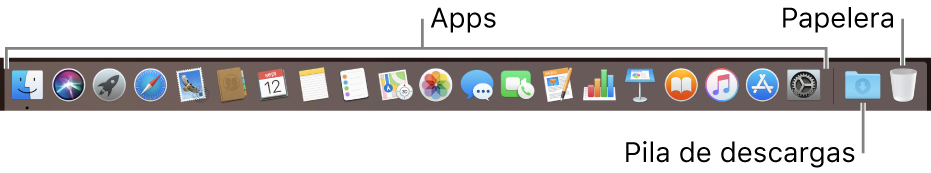 Dock que muestra iconos de apps, la pila Descargas y la Papelera.