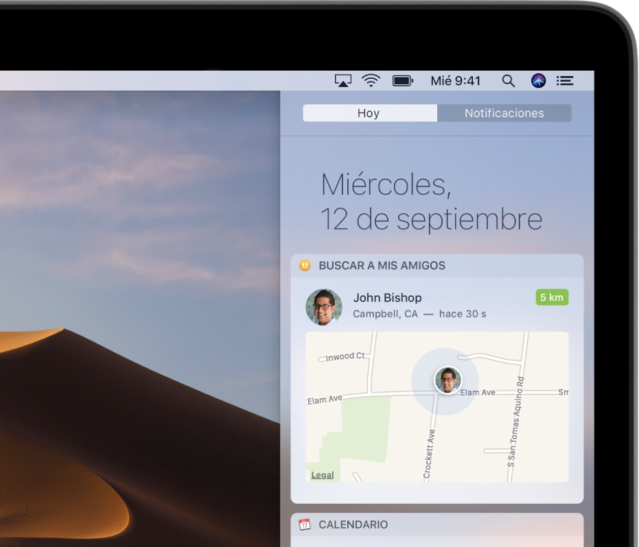 Widget Buscar a mis Amigos en la vista Hoy en el centro de notificaciones, mostrando la ubicación de un miembro de la familia o un amigo en un mapa.