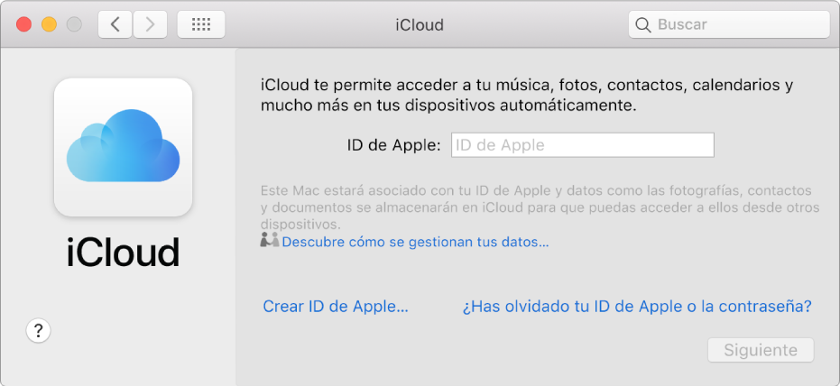 Panel de preferencias iCloud, listo para introducir el nombre y la contraseña del ID de Apple.