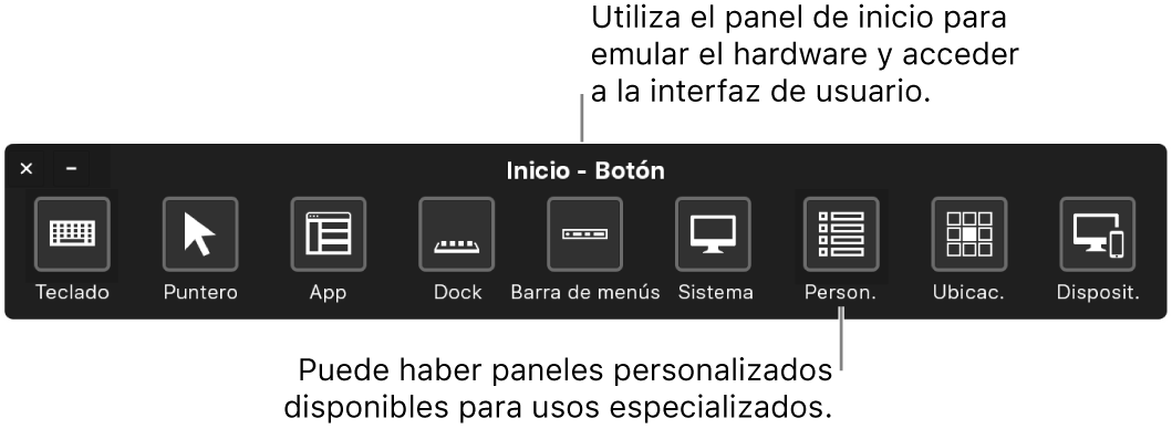 El panel de inicio de “Control por botón” incluye botones para controlar (de izquierda a derecha) el teclado, el puntero, la app, el Dock, la barra de menús, los controles del sistema, los paneles personalizados, la ubicación de la pantalla y otros dispositivos.