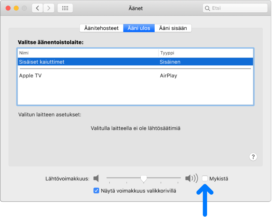 Mykistä-valintaneliö Äänet-asetukset -osion alaosassa.