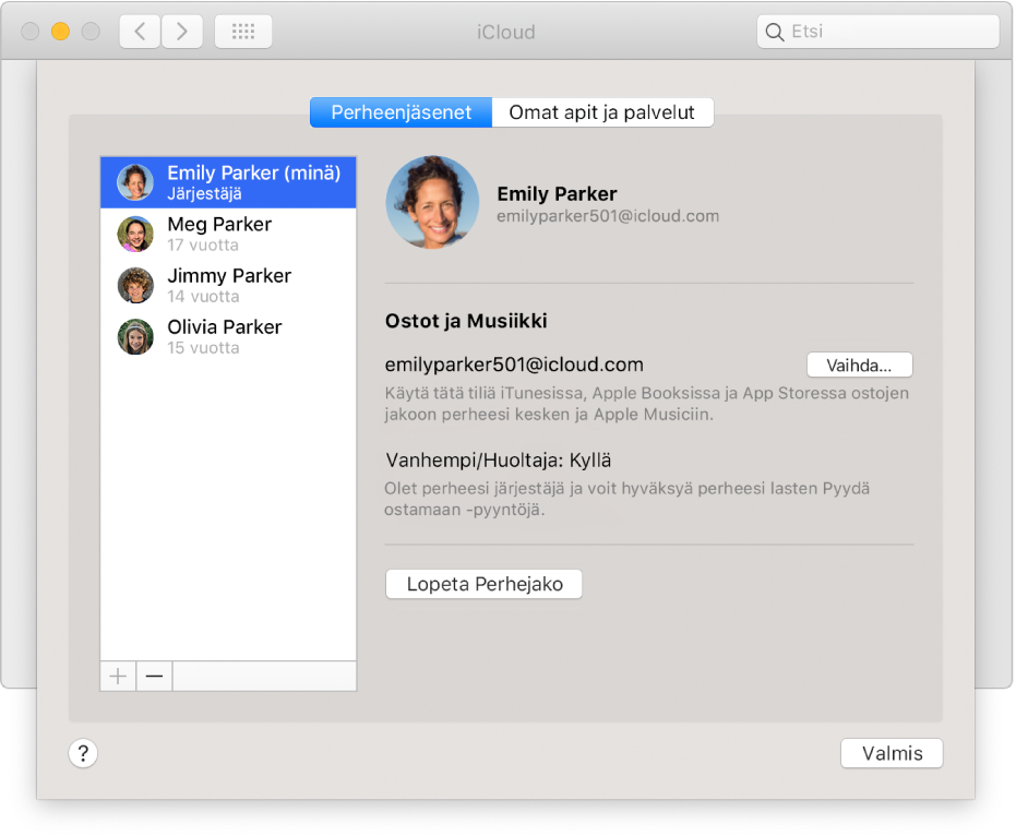 iCloud-asetusten Perheenjäsenet-osio.