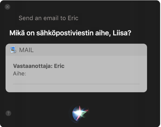 Siri-ikkuna, jossa näkyy sähköpostiviesti, jota sanellaan juuri.