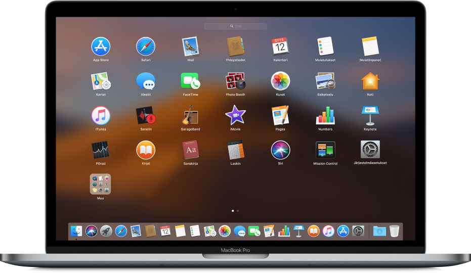 Launchpad näyttää ohjelmakuvakkeet näytöllä ruudukkokuviossa.