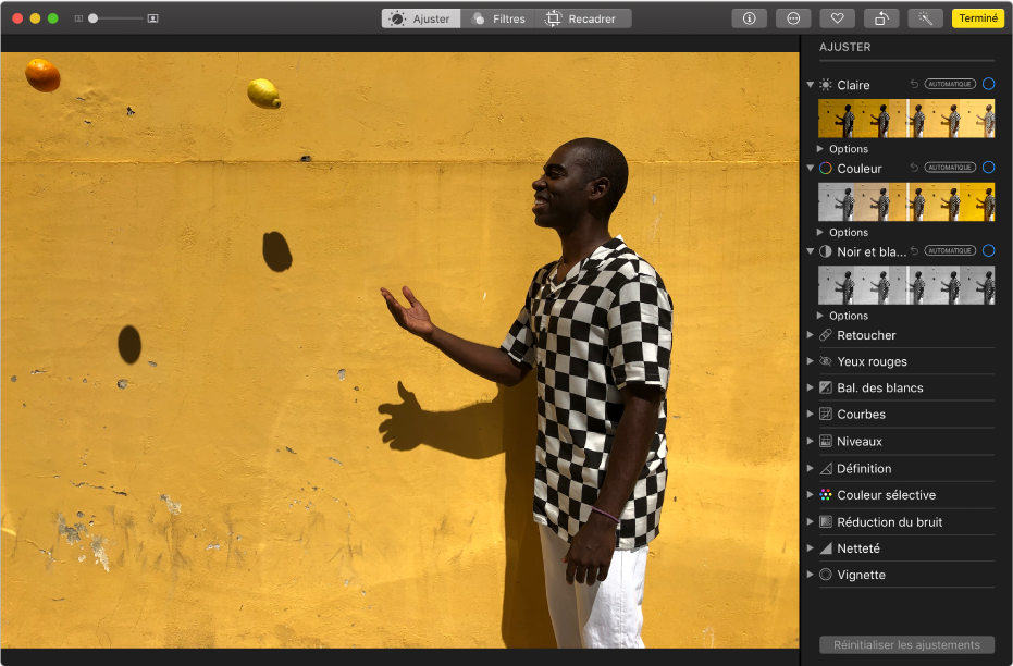 Fenêtre principale de l’app Photos pendant l’édition d’une photo, avec les outils d’édition à droite.