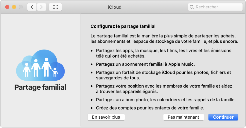 Sous-fenêtre Partage familial des préférences iCloud.