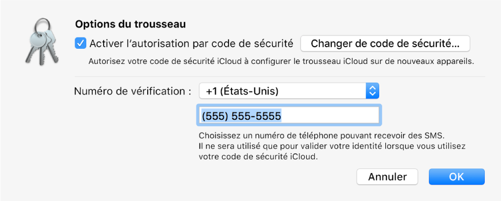 La zone de dialogue Options de Trousseau iCloud avec l’option sélectionnée pour autoriser l’approbation à l’aide du code de sécurité, le bouton permettant de modifier le code de sécurité et les champs pour changer le numéro de validation.