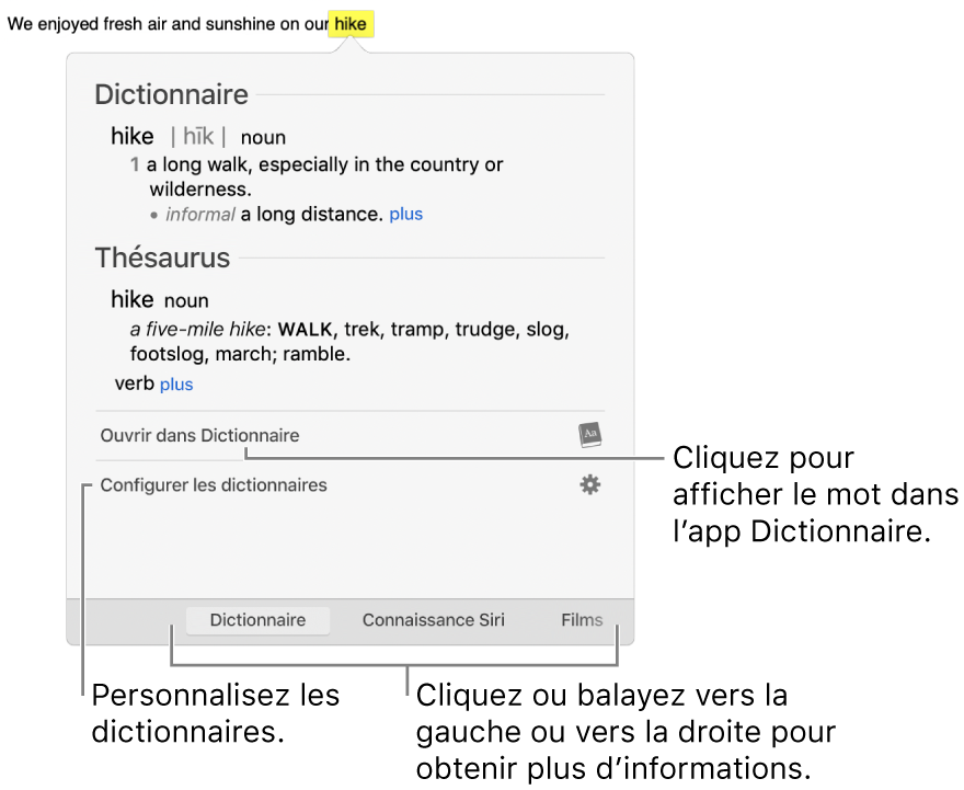 La fenêtre Rechercher affiche le dictionnaire et les définitions du thésaurus pour un mot.
