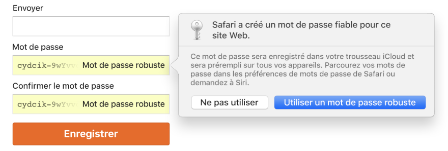 Une zone de dialogue montrant que Safari a créé un mot de passe robuste pour un site Web et qu’il sera enregistré dans le trousseau iCloud de l’utilisateur et rempli automatiquement sur les appareils de l’utilisateur.