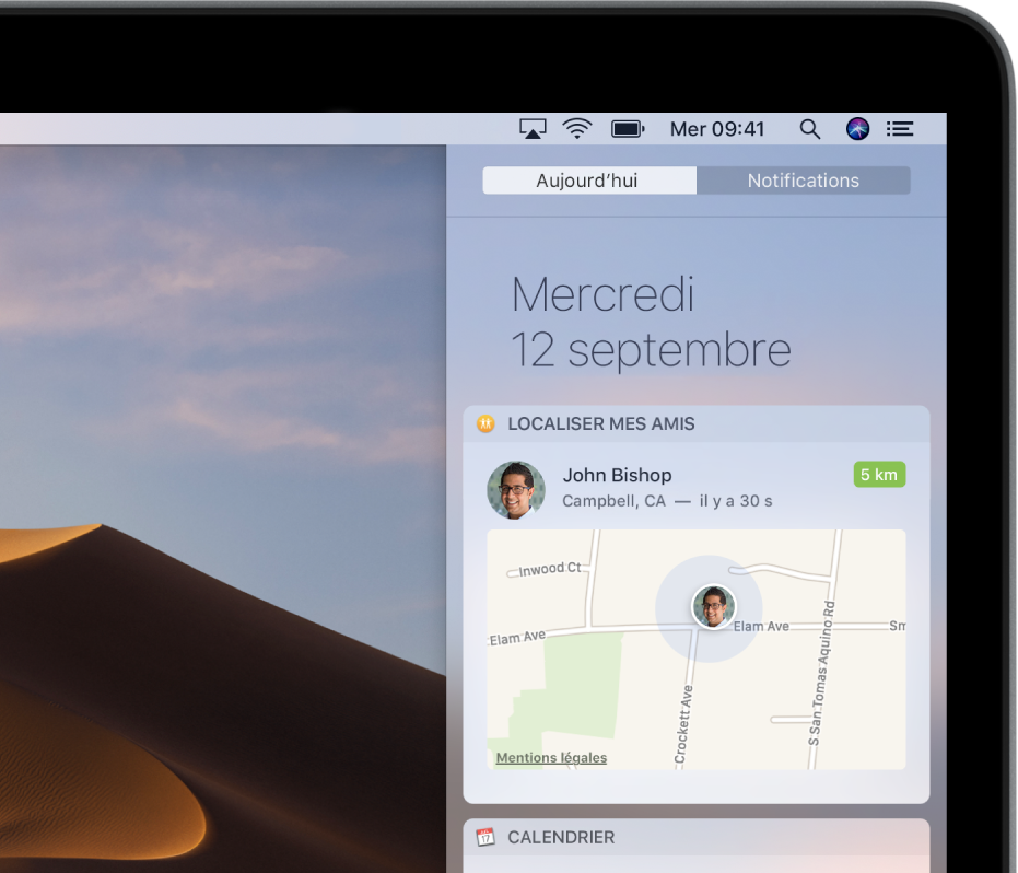 Le widget Localiser mes amis dans l’affichage Aujourd’hui du Centre de notifications affichant l’endroit où se trouve un membre de la famille ou un ami sur un plan.