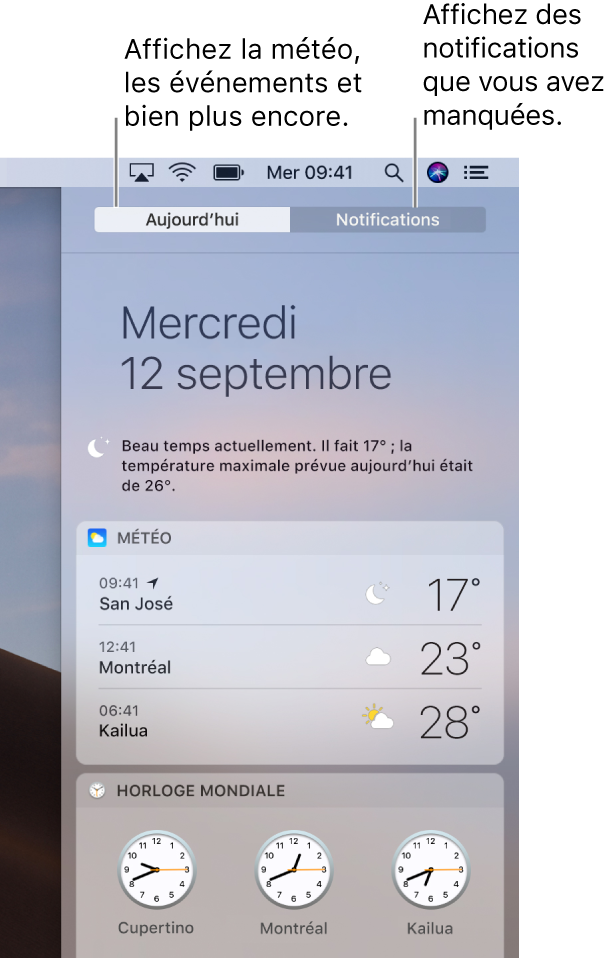 L’affichage Aujourd’hui affichant la météo de trois villes. Cliquez sur l’onglet Notifications pour consulter les notifications que vous avez manquées.