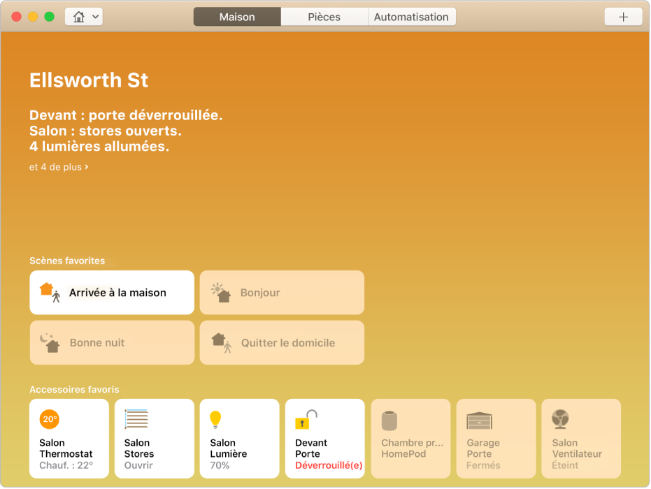 L’écran Maison affichant l’état de la porte d’entrée (déverrouillée), l’état des stores du salon (ouverts), et plus encore. Des boutons correspondant à divers Accessoires favoris et Scènes favorites sont également affichés.