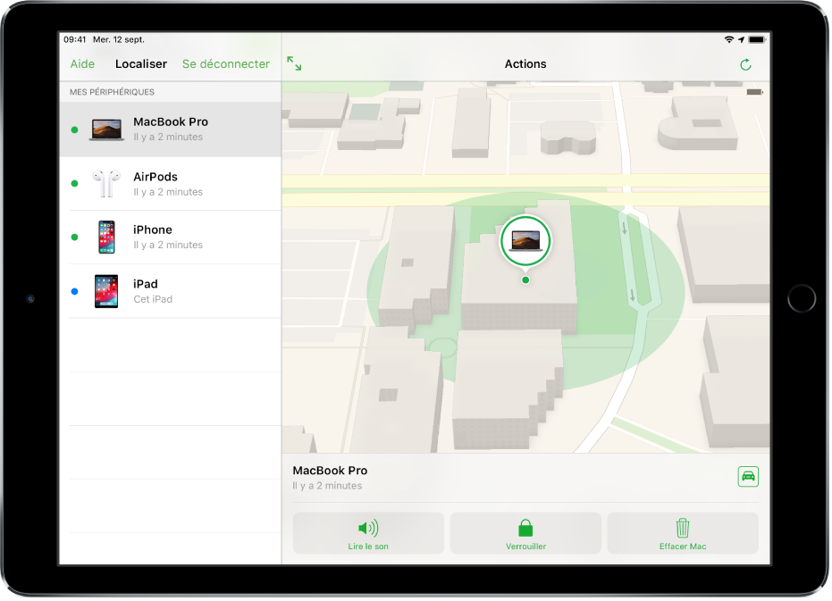 Localiser mon iPhone sur un iPad indiquant l’emplacement d’un Mac.