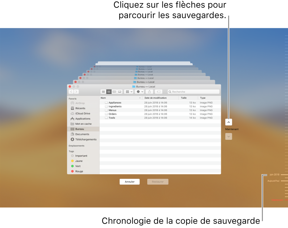 Lorsque vous ouvrez Time Machine, un écran flou s’affiche avec plusieurs écrans du Finder empilés pour représenter les sauvegardes. Cliquez sur les flèches pour parcourir vos sauvegardes (ou cliquez dans la chronologie de sauvegarde située à droite) et choisissez les fichiers à restaurer.