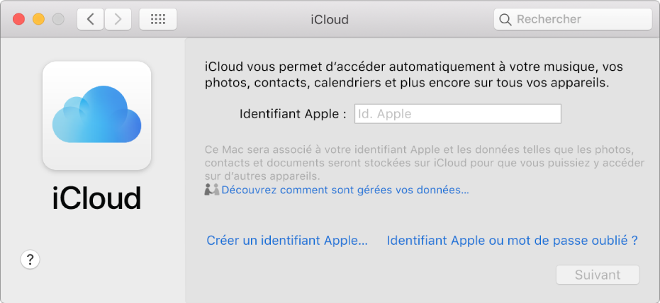 Préférences iCloud, dans lesquelles vous pouvez saisir un identifiant Apple et le mot de passe correspondant.