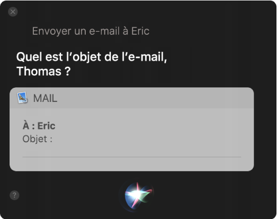 La fenêtre Siri montrant un e-mail en train d’être dicté.