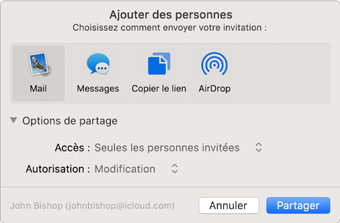 Fenêtre Ajouter des personnes affichant les apps que vous pouvez utiliser pour envoyer des invitations et les options de partage de documents.