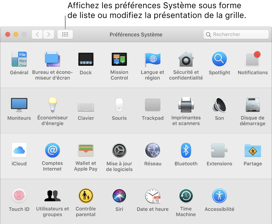 Grille d’icônes dans la fenêtre des Préférences Système. Cliquez sur le bouton Tout afficher dans la barre d’outils de la fenêtre pour afficher les préférences système sous forme de liste, ou pour changer l’aspect de la grille.