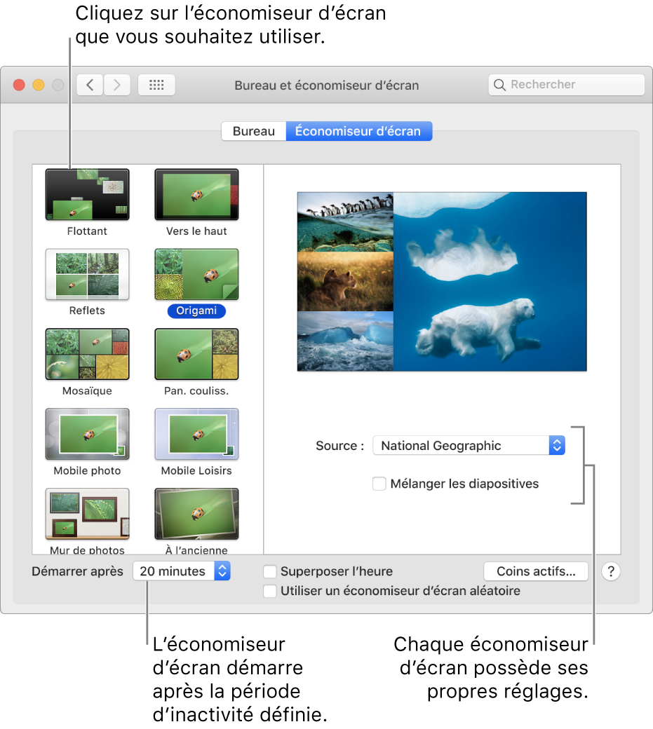 La sous-fenêtre Économiseur d’écran des Préférences Système.