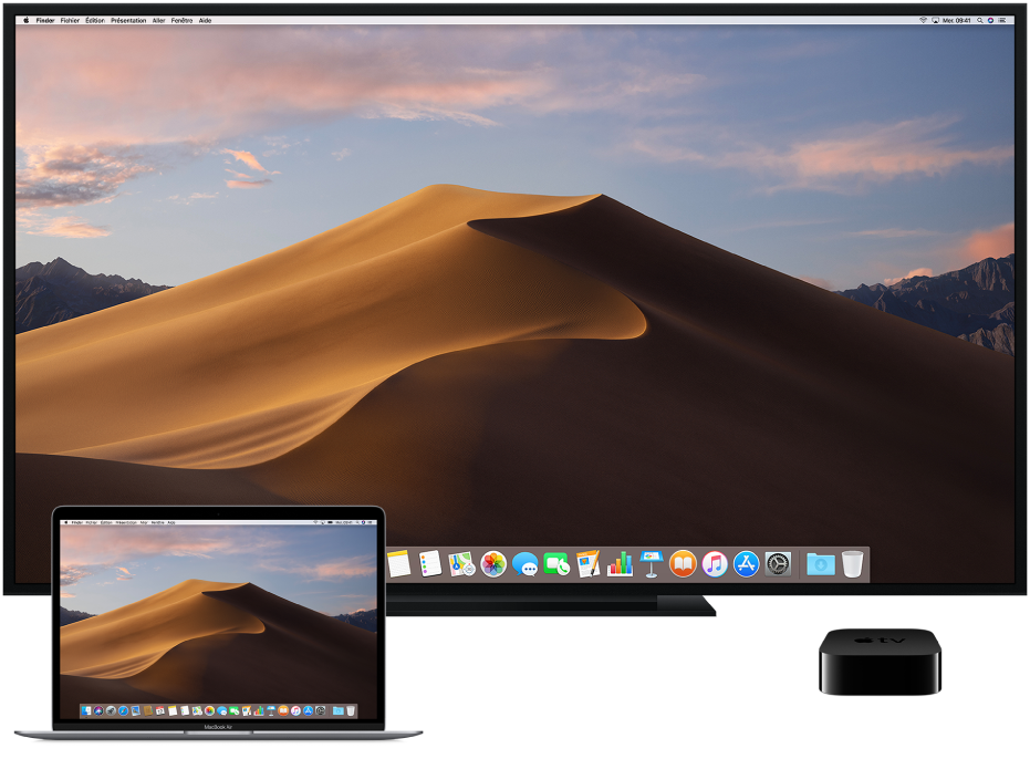 Installation comprenant un ordinateur Mac, un téléviseur HD et une Apple TV