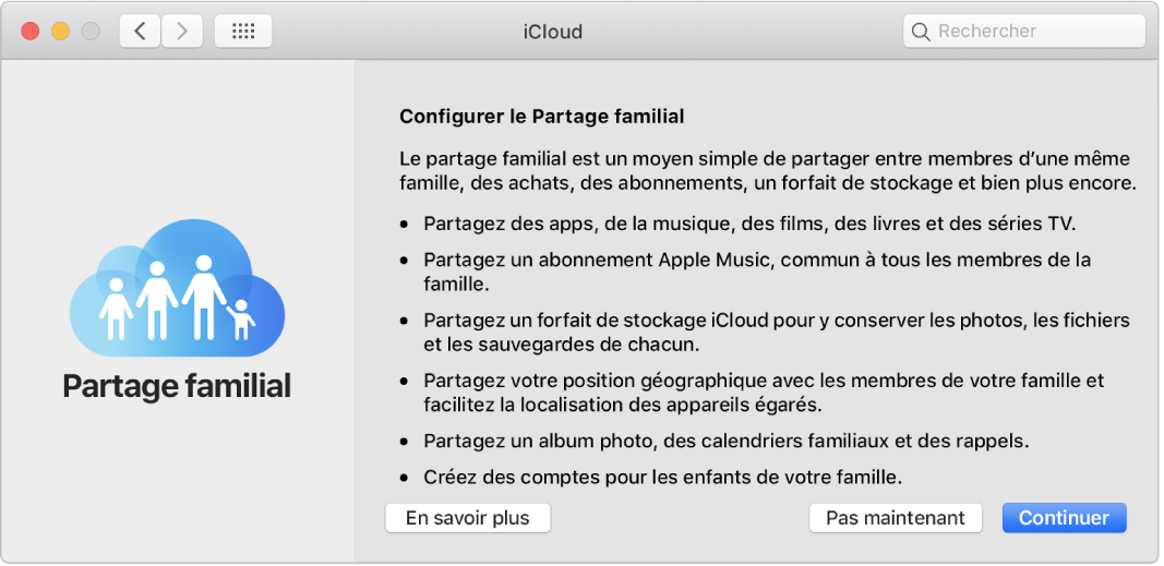 La sous-fenêtre de configuration Partage familial dans les préférences iCloud.